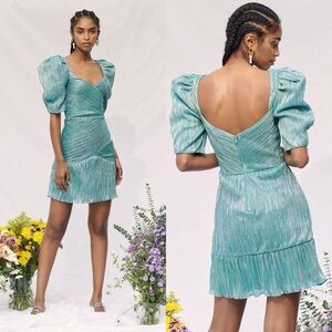 Saylor Nyah Metallic Puff Sleeve Mini Dress M Jade Pleat Surplice